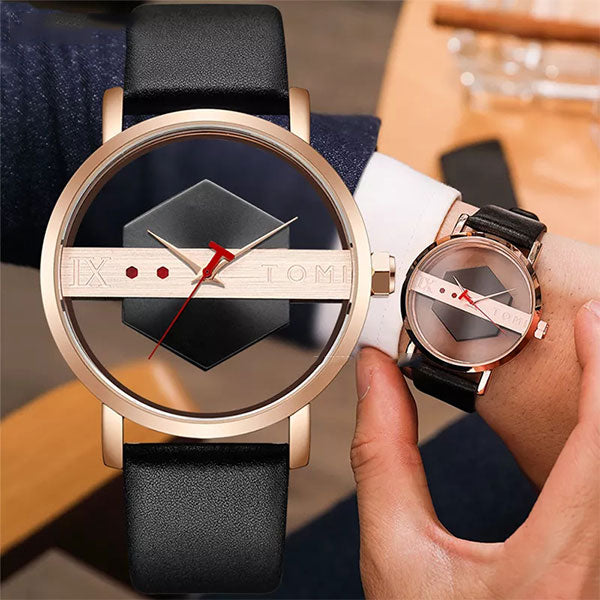 TOMI Men's Top Brand Luxury Watch Creative Half Transparent Watch Genuine Leather Strap